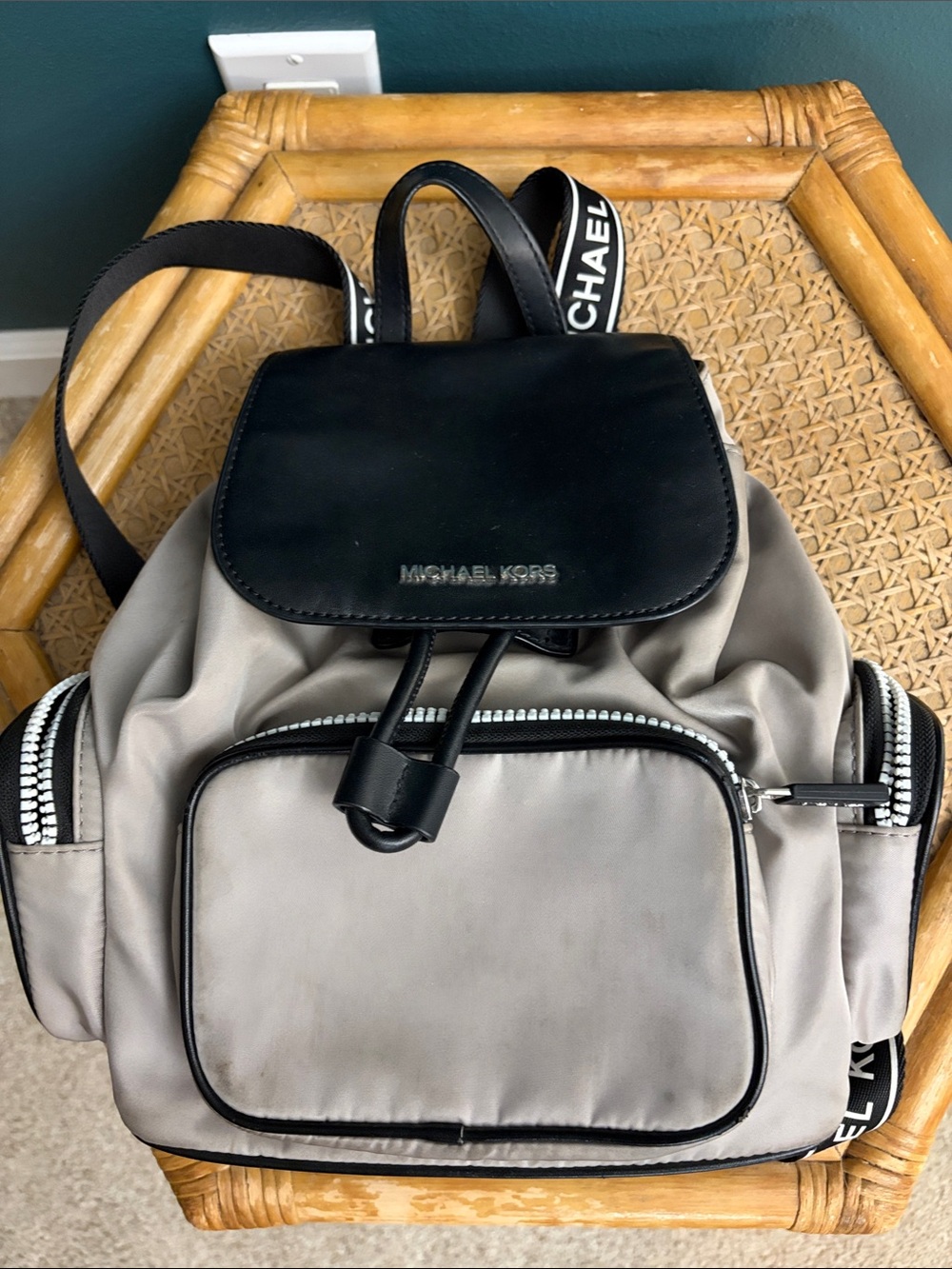 Michael Kors Taupe and Black Nylon Backpack with Logo Strap